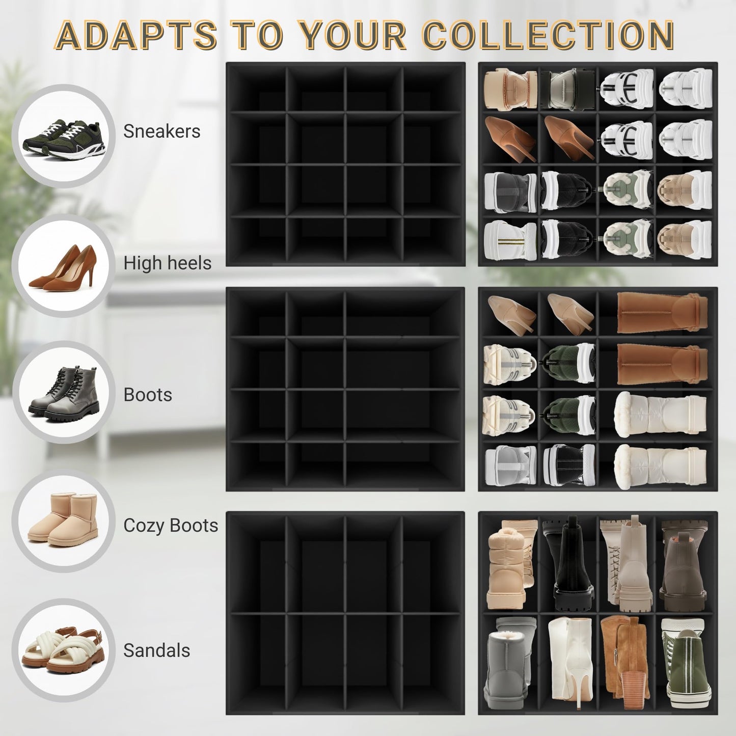 DeveHome 2 Pack Shoe Organizer for Closet, Foldable Fabric Shoe Storage Box with Adjustable Dividers and Clear Dustproof Cover, Large Collapsible Shoe Bins & Containers, Holds up to 32 Pairs, Gray