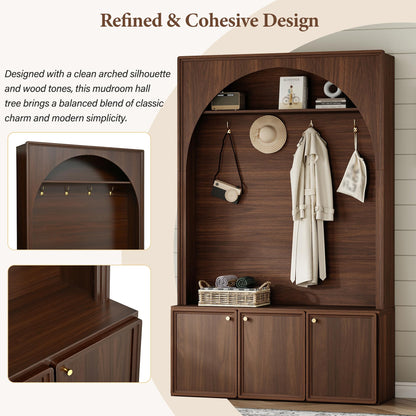 roomfitters Modern Arched Entryway Hall Tree with 3 Storage Cabinets, Upper Shelf and Coat Hooks for Mudroom, Walnut