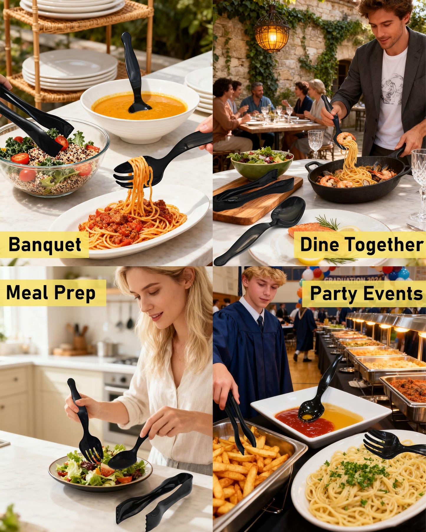 Plastic Serving Utensils 36PCS, Disposable Serving Utensils for Buffets Events Parties - 12 Sets of Heavy Duty Plastic Serving Spoons, Forks, Tongs for Wedding/Birthday/Catering Events (Black)