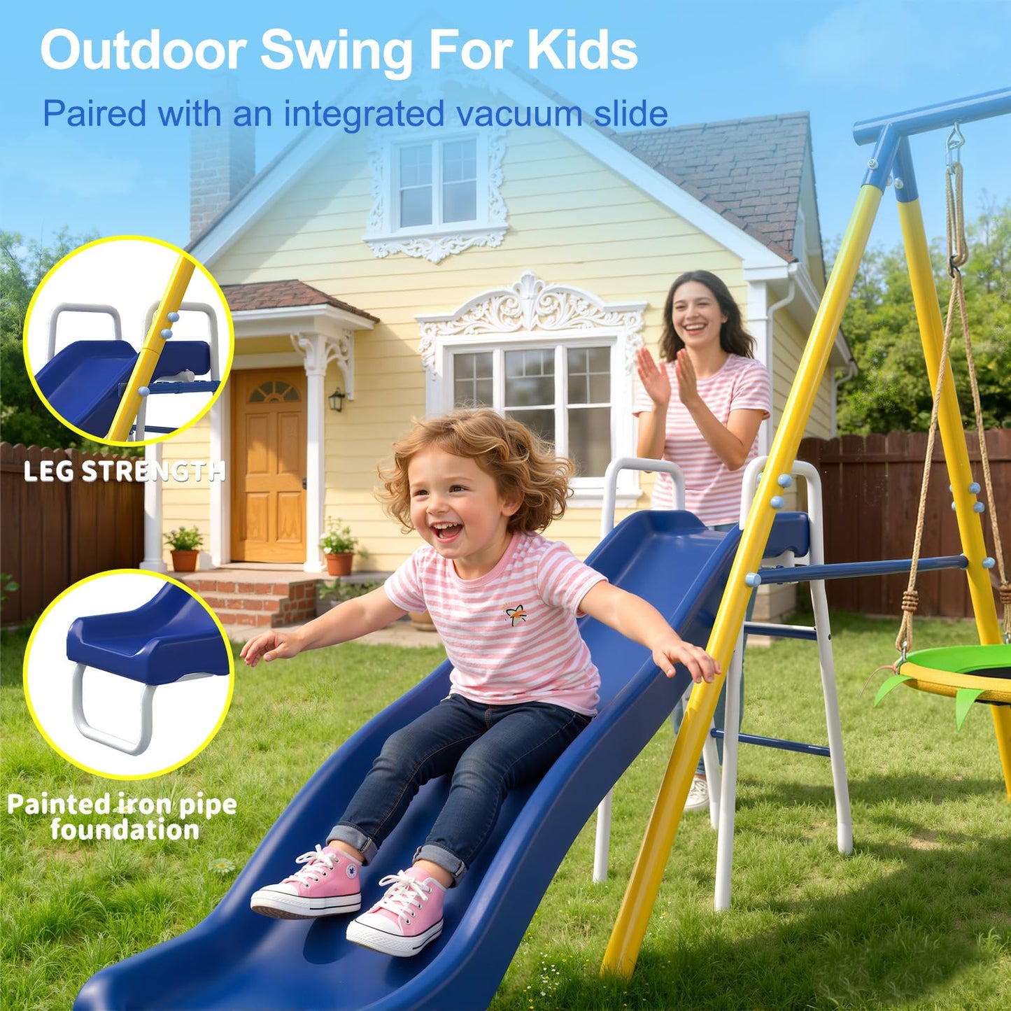 JYGOPLA Metal Swing Sets for Backyard, 5-in-1 Kids Swing Set Slide Combo with Saucer Swings, Baby Safety Swing & Basketball Hoop for Ages 3-12