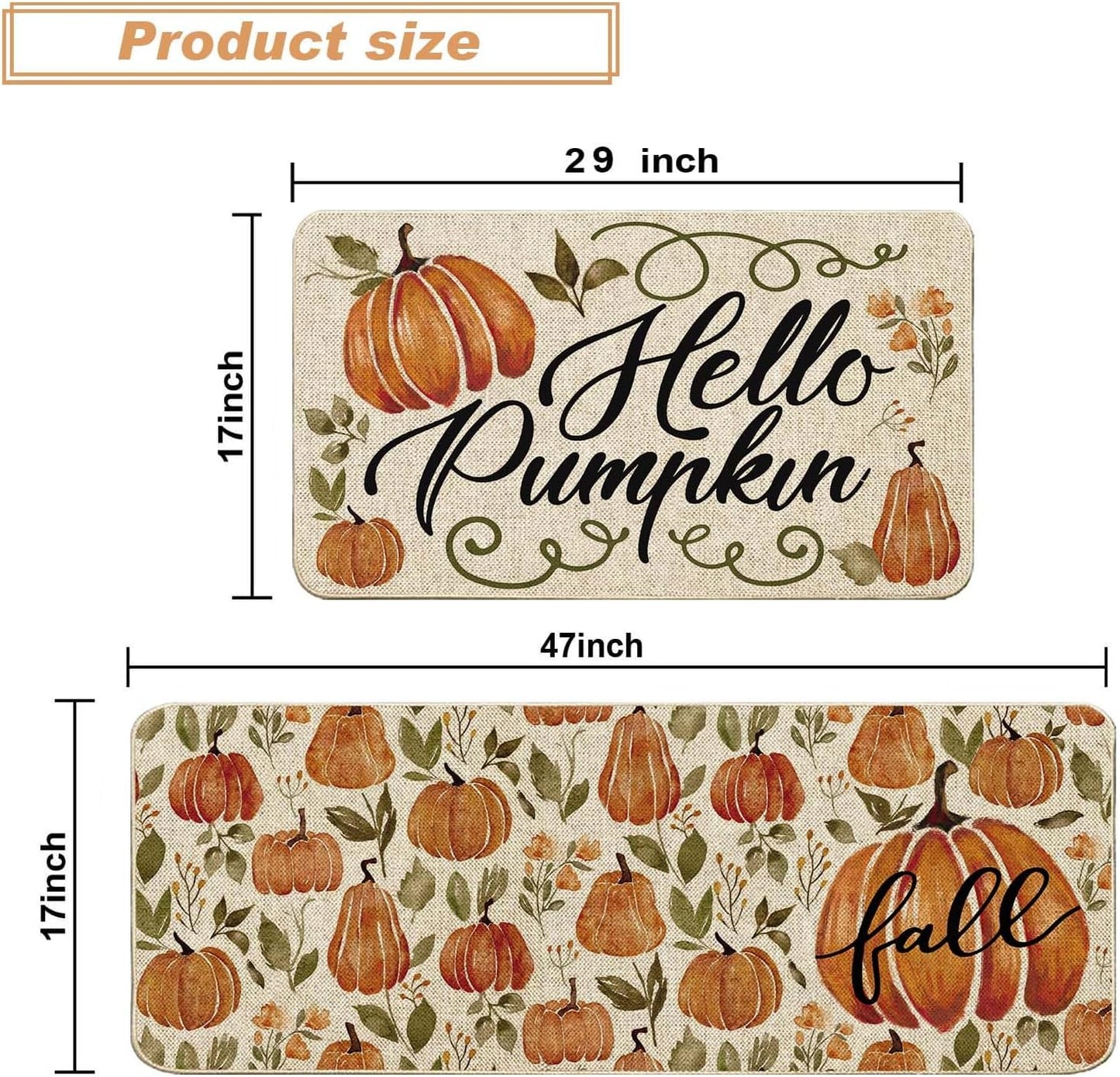Baccessor Pumpkin Fall Kitchen Mats Set of 2, Pumpkins Floral Non Slip Absorbent Thanksgiving Fall Decor 17x29 17x47