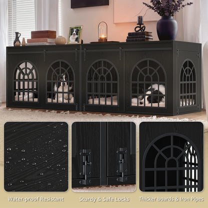 IRONCK 90.2" Double Room Dog Crate Furniture with Sliding Doors– Heavy Duty Wooden Dog Kennel with Hinged Divider, TV Stand & End Table for Large to Medium Dogs, Black