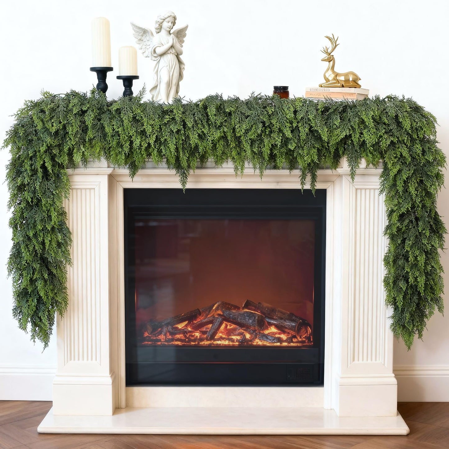 Soft Textured Christmas Cedar Garland -9ft Artificial Garlands Faux Cedar Fake Pine Needles Garland for Fireplace,Table,Window,Stairs,Mantle,Holiday Indoor Outdoor Xmas Decor(1PCS)