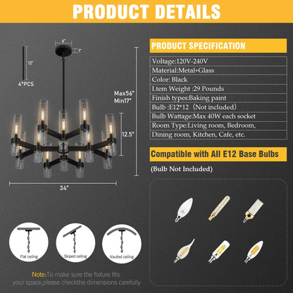12 Light Black Chandeliers for Dining Room Light Fixtures Over Table, Modern Farmhouse Chandelier with Clear Glass Cover for Living Dining Room Kitchen Island Bedroom Foyer 34"