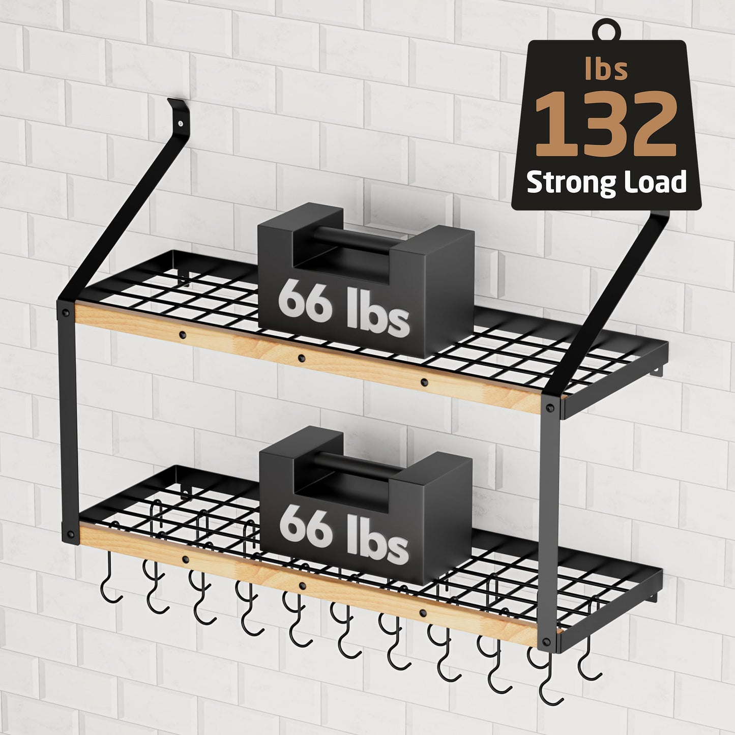 KES 132lb Heavy Duty Hanging Pot Rack Wall Mounted, 34 Inch Solid Wood Pot Rack Wall Mounted with 20 Sturdy Hooks, 2-Tier Wooden Pots Hanger Organizer Matte Black, KUR529S85B-BK