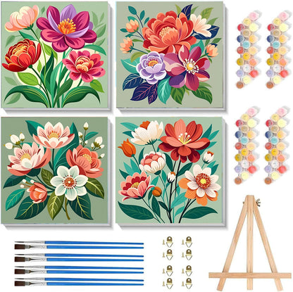 Sretoul Flowers Paint by Numbers Kit for Adults Framed 4 Pack- Flowers Paint by Numbers Kits on Canvas with Frame for Home Decor 8X8 Inch