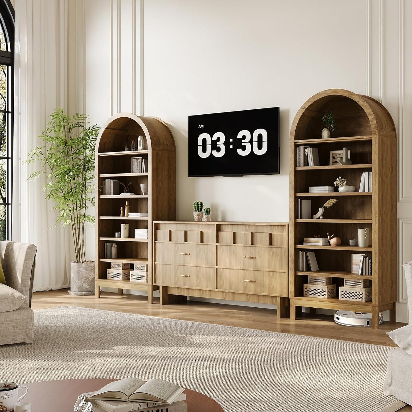 71" Tall Farmhouse Arched Display Cabinet with Adjustable Shelves, 7 Tier Arched Bathroom Storage Cabinet Bookshelf Bookcase Food Pantry Shoe Closet Shelf Organizer for Living Room Entryway Hallway