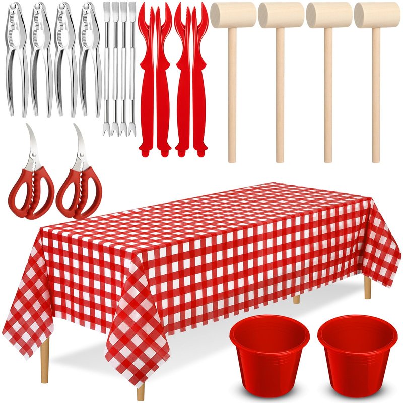 SmoothNovelty 21 Pcs Seafood Tools Set Seafood Boil Party Supplies, Tablecloth Crab Crackers Scissors Lobster Sheller Hammer Shellfish Fork Cracker Plastic Bucket for Lobster Crawfish Food Party