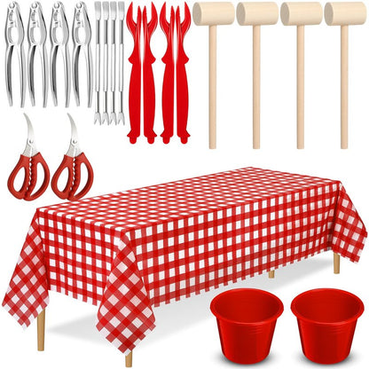 SmoothNovelty 21 Pcs Seafood Tools Set Seafood Boil Party Supplies, Tablecloth Crab Crackers Scissors Lobster Sheller Hammer Shellfish Fork Cracker Plastic Bucket for Lobster Crawfish Food Party