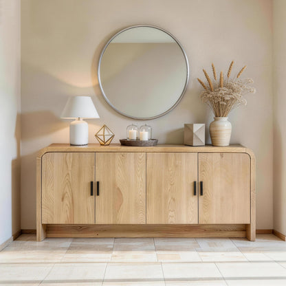 Finnhomy 68'' Sideboard Buffet Cabinet with Storage, Curved Design Credenza Storage Cabinet with 4 Doors, Console Cabinet for Kitchen, Living Room & Hallway, Natural