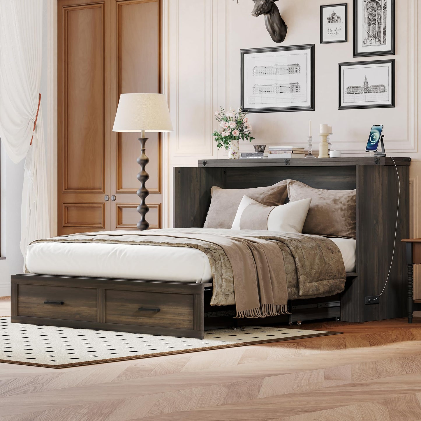 Ball & Cast Murphy Bed Queen,Farmhouse Hideaway Cabinet Bed with Charging Station and Large Storage Drawer,Foldable Wall Murphy Beds w/Slat Support,Space-Saving Furniture for Study,Office,Rustic Gray