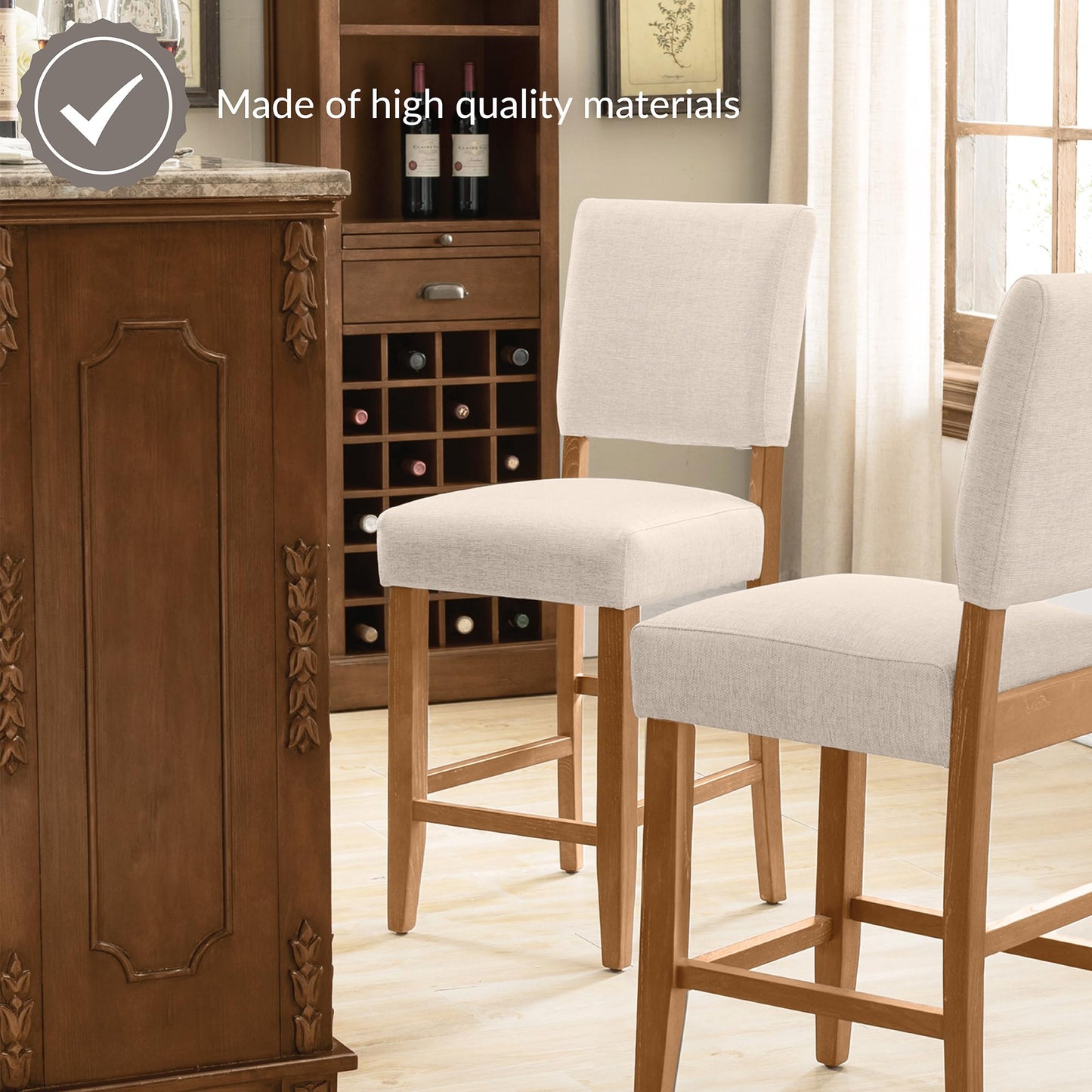 Leick Home Brax Counter Stool Set of 2, Counter Height, Solid Wood Base, Upholstered Foam Cushion, Easy Assembly, Natural White Sand, 17.75 in L x 19 in D x 40 in H, Item 214460