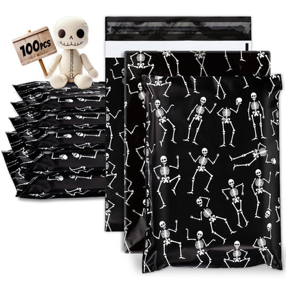 JarThenaAMCS 100Pcs Halloween Poly Mailers 10 x 13 Inch Black Dancing Skeleton Packaging Bags Self Seal Mailing Envelope Bags for Small Business Clothing