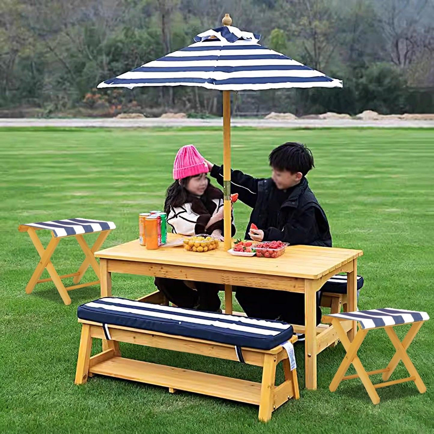 LLZJDDPLY Kids Wooden Picnic Table, Outdoor Activity Dining Table w/Adjustable Collapsible Umbrella, Children Backyard Furniture, for Patio, Garden(Green)