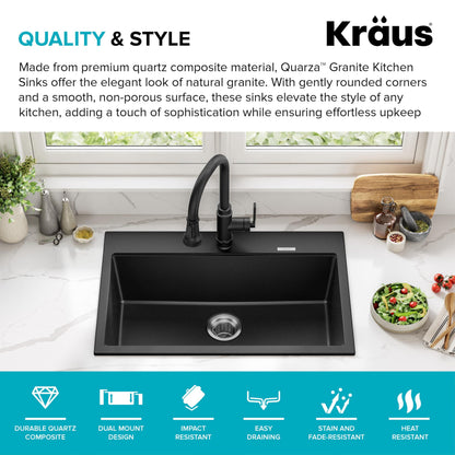 KRAUS Quarza 31-inch Drop-In/Undermount Single Bowl Granite Kitchen Sink in Black Onyx, KGD-412B
