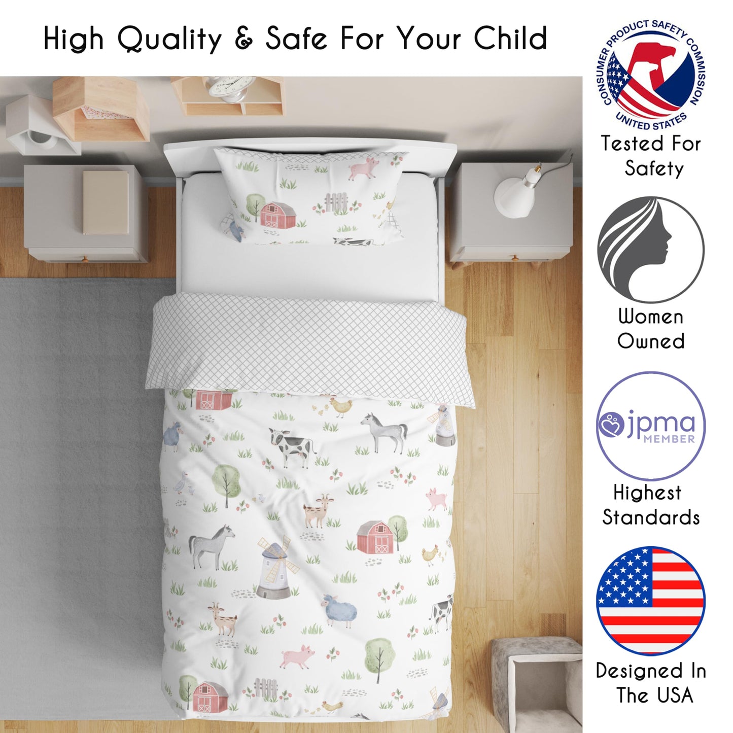 Sweet Jojo Designs Farm Animals Boy Girl Toddler Kid Childrens Comforter Bedding Set - 5 Pieces Comforter, Sham and Sheets - Watercolor Farmhouse Lattice Horse Cow Sheep Pig