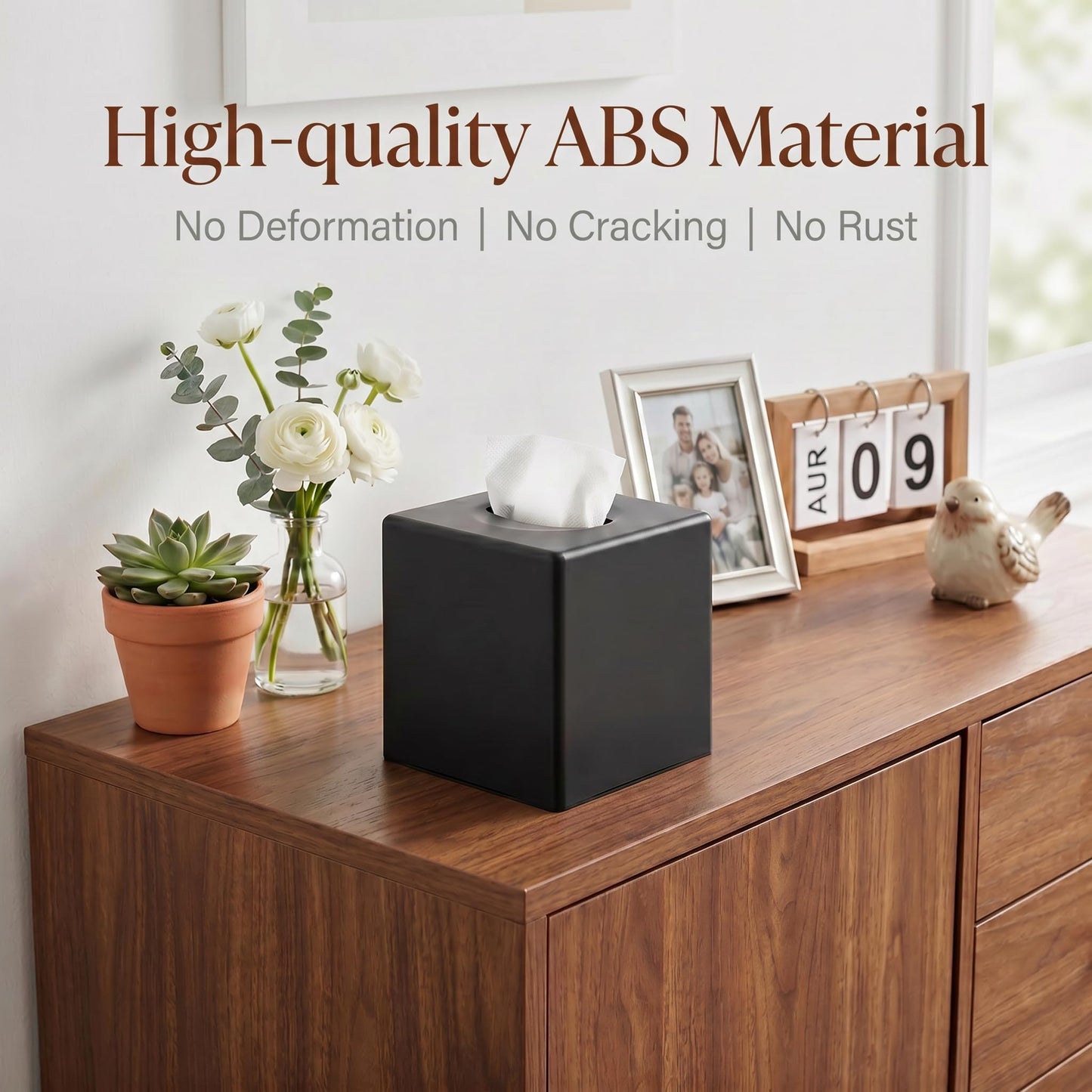 Y-in Hand Tissue Box Cover, Square Facial Tissue Holder Storage for Bathroom Vanity, Countertops, Dressers, Night Stand, Parlors and Offices - Black