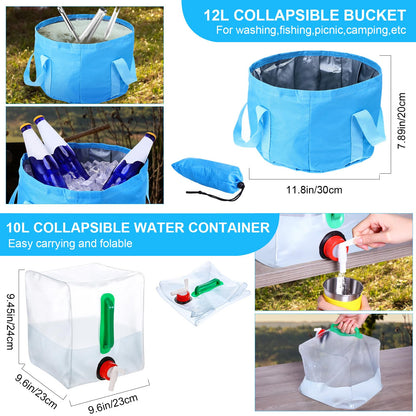 Gejoy 42 Pcs Camping Cookware Mess Kit, Non Stick Lightweight Pots Pan Kettle, Collapsible Water Container and Bucket, Stainless Steel Cups Plates Forks Knives Spoons for Outdoor Backpacking Picnic