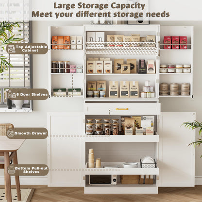 HQZX 71’’ Tall Kitchen Pantry Cabinet, Pantry Storage Cabinet with 6 Doors Shelves, Large Drawer & 2 Pull Out Shelves, Freestanding Cupboard for Kitchen, Dining Room, White