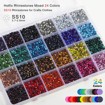 BEADSLAND Hotfix Rhinestones Mixed 24 Colors, SS10 Rhinestones for Crafts Clothes, Hotfix Crystals with 1 Tweezers, 1 Wax Pencil and 1 Spoon