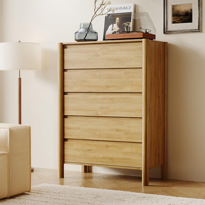HOUROM 45" Tall 5-Drawer Dresser for Bedroom, Mid-Century Modern Chest with Solid Wood Legs, Concealed Handle,Large Wood Storage Organizer, Bedroom Storage,Oak