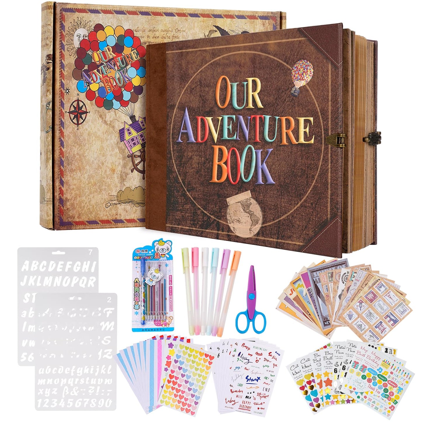 Our Adventure Book 8.9 x 7.9 Inch 80 Pages Scrapbook Photo Album with Scrapbooking Supplies, 3D Retro Embossed Letter Leather Hard Cover Movie Up Travel Journal Memory Book For Couples，Christmas gifts