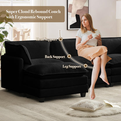 ROWHY 112'' Modular Sectional Cloud Couch with Movable Ottoman, 4 Seat Modern Chenille Sofa with 2 Throw Pillows, Deep Seat L Shaped Couch for Living Room Bedroom Apartment, Black