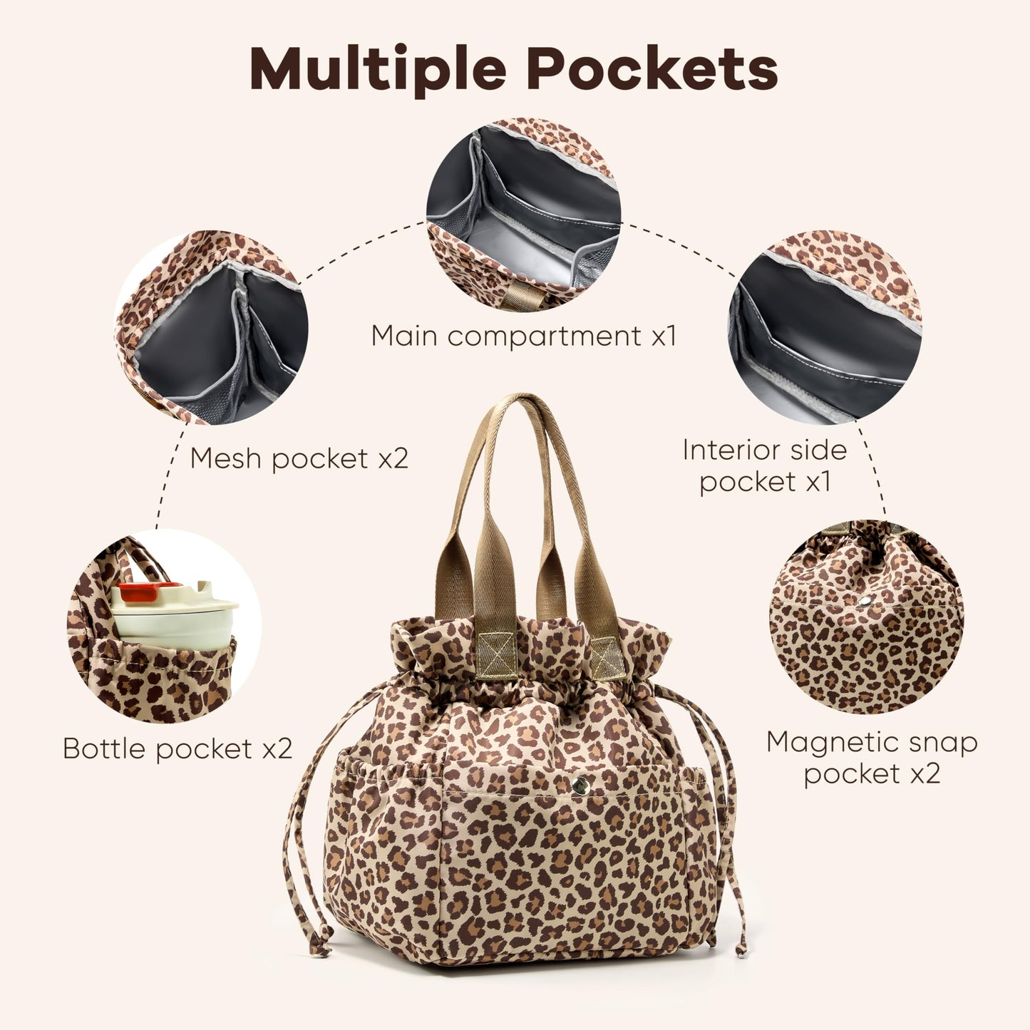 Yarnic Lunch Bag Women Insulated Lunch Bags,Cute Cheetah Reusable Lunch Box Stain-Resistant Lunchbox with Water Bottle Holder for Adult (Leopard)