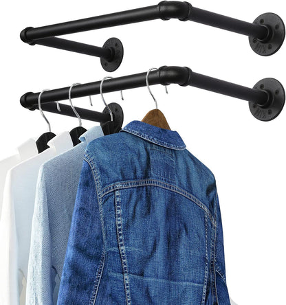 OROPY Industrial Pipe Clothes Rack, Set of 2 Heavy Duty Wall Mounted Black Iron Garment Bar