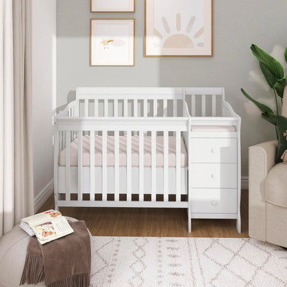 Dream On Me Jayden 4‑in‑1 Mini Convertible Baby Crib & Changer with Storage in White, Pinewood, GreenGuard Gold & BSA, 1” Mattress Pad, 3 Mattress Heights, Converts to Mini Day & Twin-Size Bed