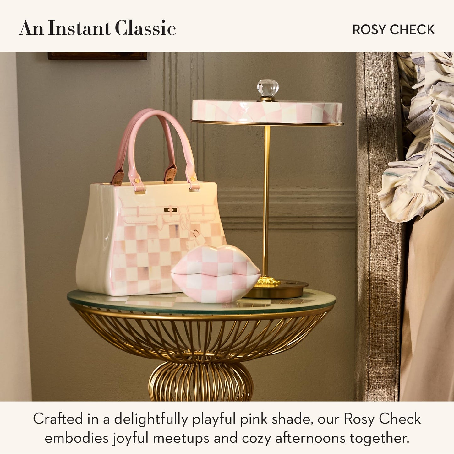 MACKENZIE-CHILDS LED Rechargeable Disk Table Lamp, Cordless Touch Lamp, Pink-and-White Rosy Check