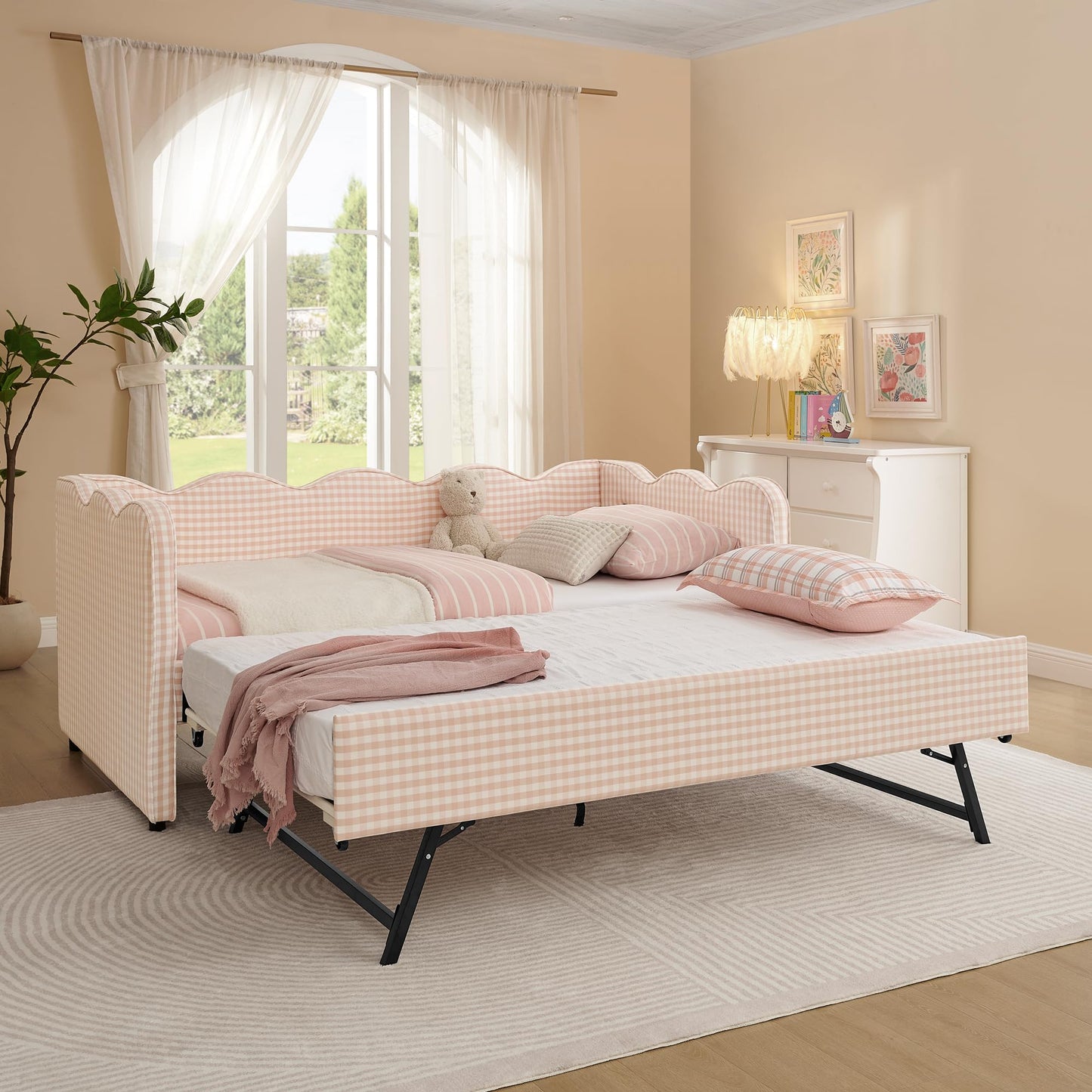 KEIKI Twin Size Upholstery Daybed with Trundle and USB, Twin to King Design Adorable Wave Shaped Extendable Linen Sofa Bed, Easy Assembly, No Box Spring Required, for Living Room and Bedroom, Pink