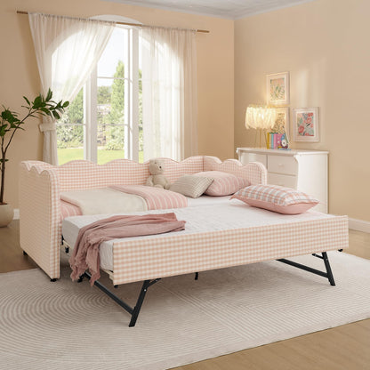 KEIKI Twin Size Upholstery Daybed with Trundle and USB, Twin to King Design Adorable Wave Shaped Extendable Linen Sofa Bed, Easy Assembly, No Box Spring Required, for Living Room and Bedroom, Pink