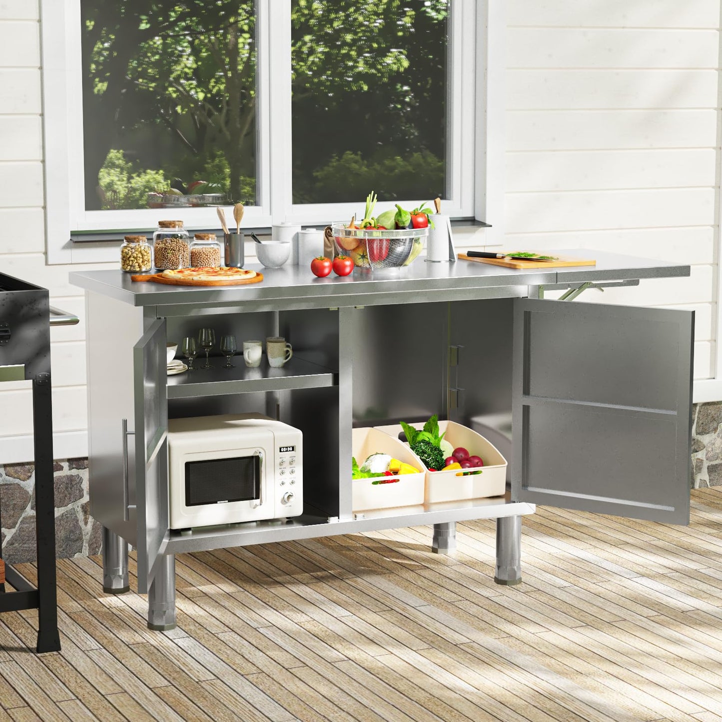 JFHID Stainless Steel Work Table, 57"x19.7" Commercial Worktable Kitchen Cabinets with Extend Panel & Adjustable Shelf, Heavy-Duty Kitchen Prep Table Workbench for Home, Restaurant, Garage and Hotel