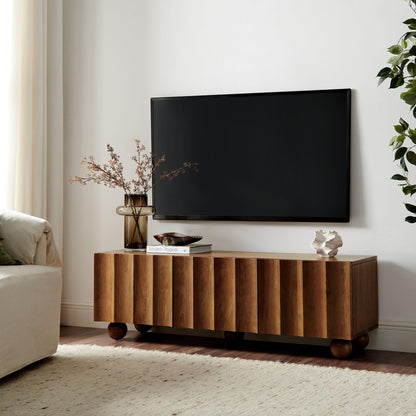 Modway Sorren 54 Inch Scalloped TV Stand in Walnut – 3 Door Media Console Cabinet – Modern Storage TV Stand with Doors