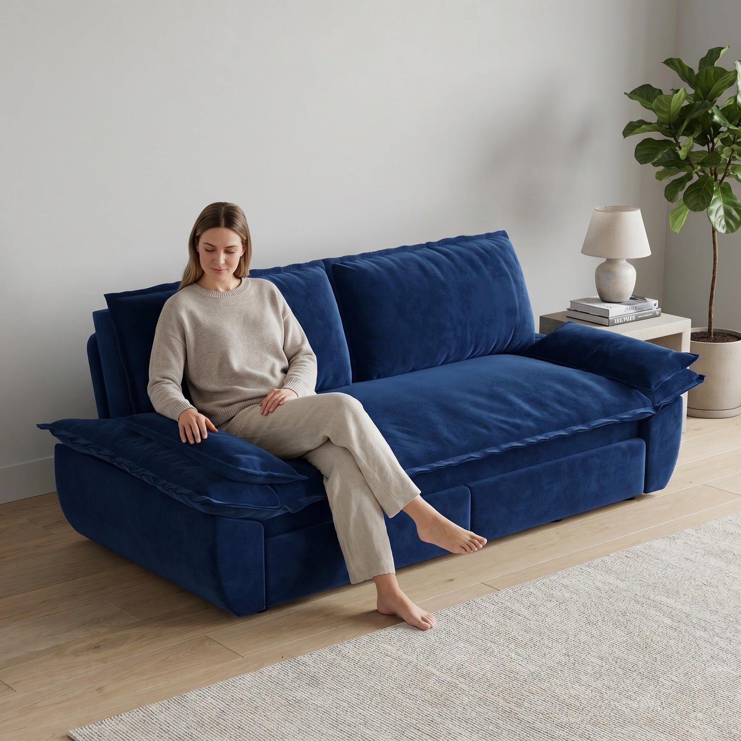 Trygoal Queen Sofa Bed, 3-in-1 Convertible Pull Out Couch, Velvet Couch with Pull Out Bed, Couch that Turns into Bed, Sleeper Sofa Bed for Living Room, Apartment, Small Space, Blue