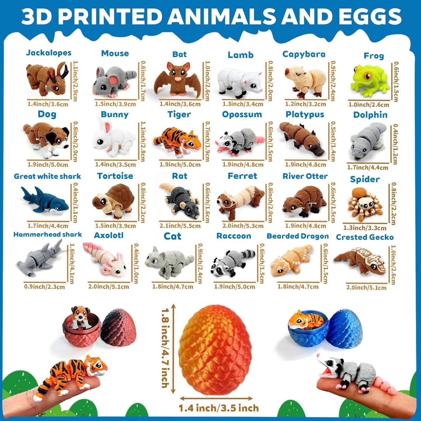 24 3D 1.5-2 Inch Pcs Mini Printed Animals in Sparkle Eggs - Articulated Animal Figurines with Multicolor Gradient