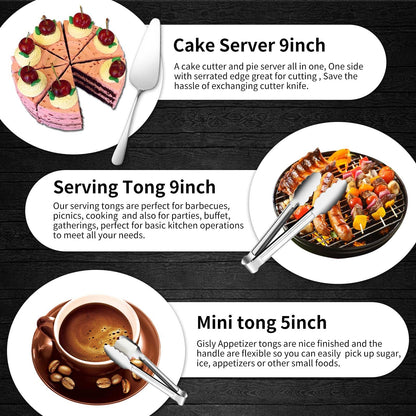 Gisly 12-Piece Serving Set - Large Spoons, Forks, Tongs, Ladle, Cake Server & Appetizer Tongs for Buffet Catering, Dishwasher Safe