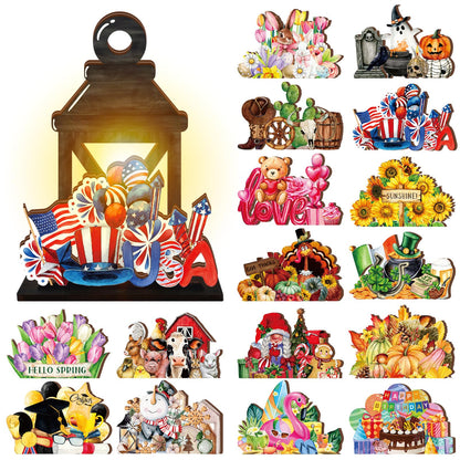Yousoontic 4th of July Lighted Table Decor Interchangeable Seasonal Table Lantern Decor with 16 Holiday Spring Summer Wooden Signs 4 LED for Home Office Desk Welcome Ornaments Gift