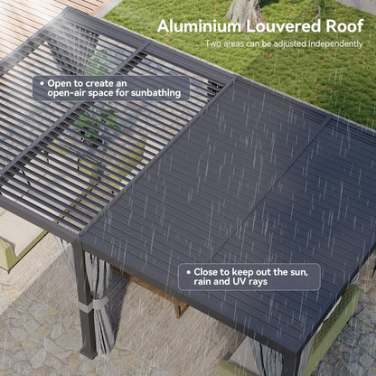 Aoxun Louvered Pergola 12x20 All-Aluminum Outdoor Gazebo with Independent Adjustable Roofs, Waterproof Curtains and Netting, Integrated Drainage System for Patios & Backyard