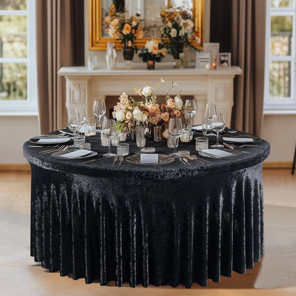 Outpain 2Pack 60 Inch Round Velvet Tablecloths - 120 Inch Stretch Spandex Table Cover with Floor-Length Skirt, Wrinkle-Free Luxury Elastic Table Cloths for Weddings,Banquets,Events (Black)
