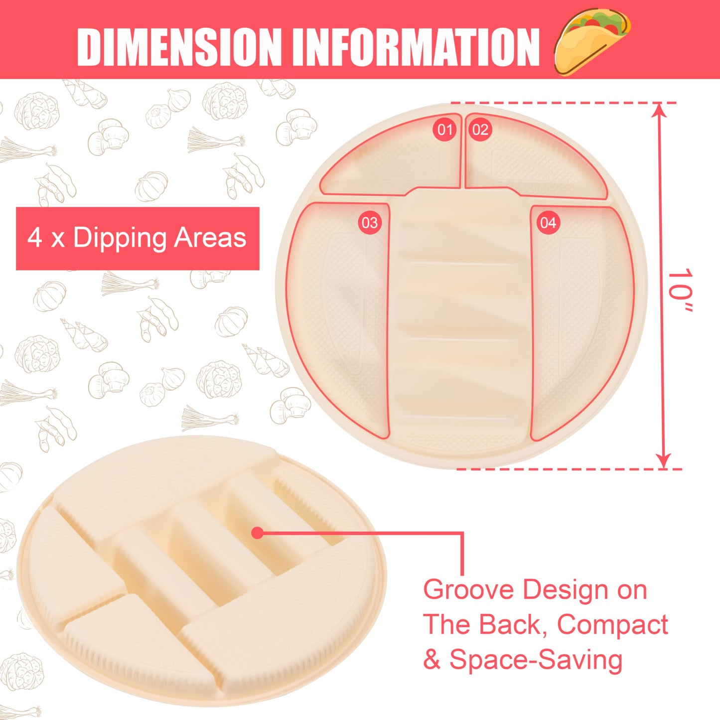 Large Disposable Taco Plates With Dipping Sides - 20 Pack, Biodegradable Cornstarch Taco Holder, Big Size Fit 6-8 Inch Soft & Hard Tortilla, Sturdy & Microwave Safe, Bar Serving Set For A Party