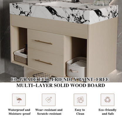KEIKI 29.9" Bathroom Vanity with Undermount Sink Combo, Modern Floating Vanity Cabinet with 2 Drawers & Open Side Shelves, Storage Wall Mounted Cabinet for Small Space, Apricot‌ Marbe