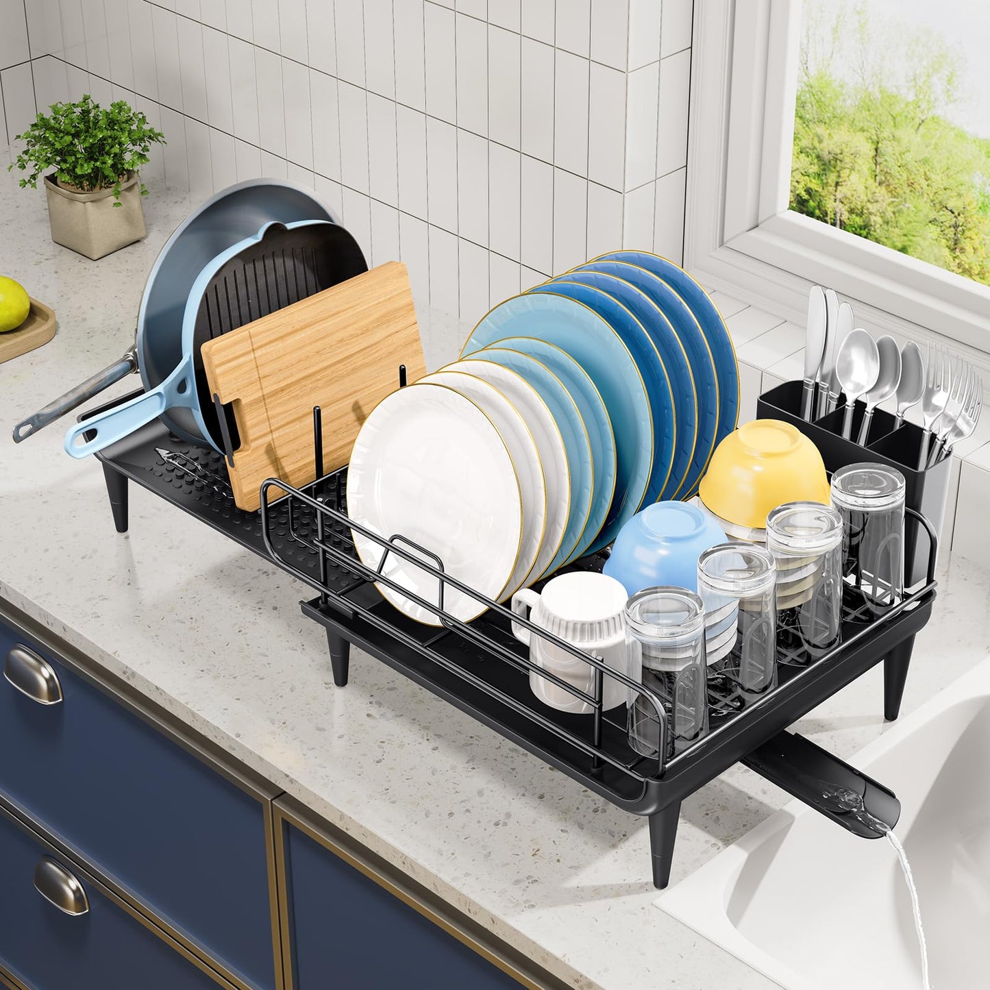 TOOLF Large Dish Drying Rack, Expandable Dish Rack for Kitchen Counter, Multifunctional Dish Drainer, Organization and Storage Essentials with Cup & Cutlery Holders, 16.7"-26.8" L x 12.6" W, Black