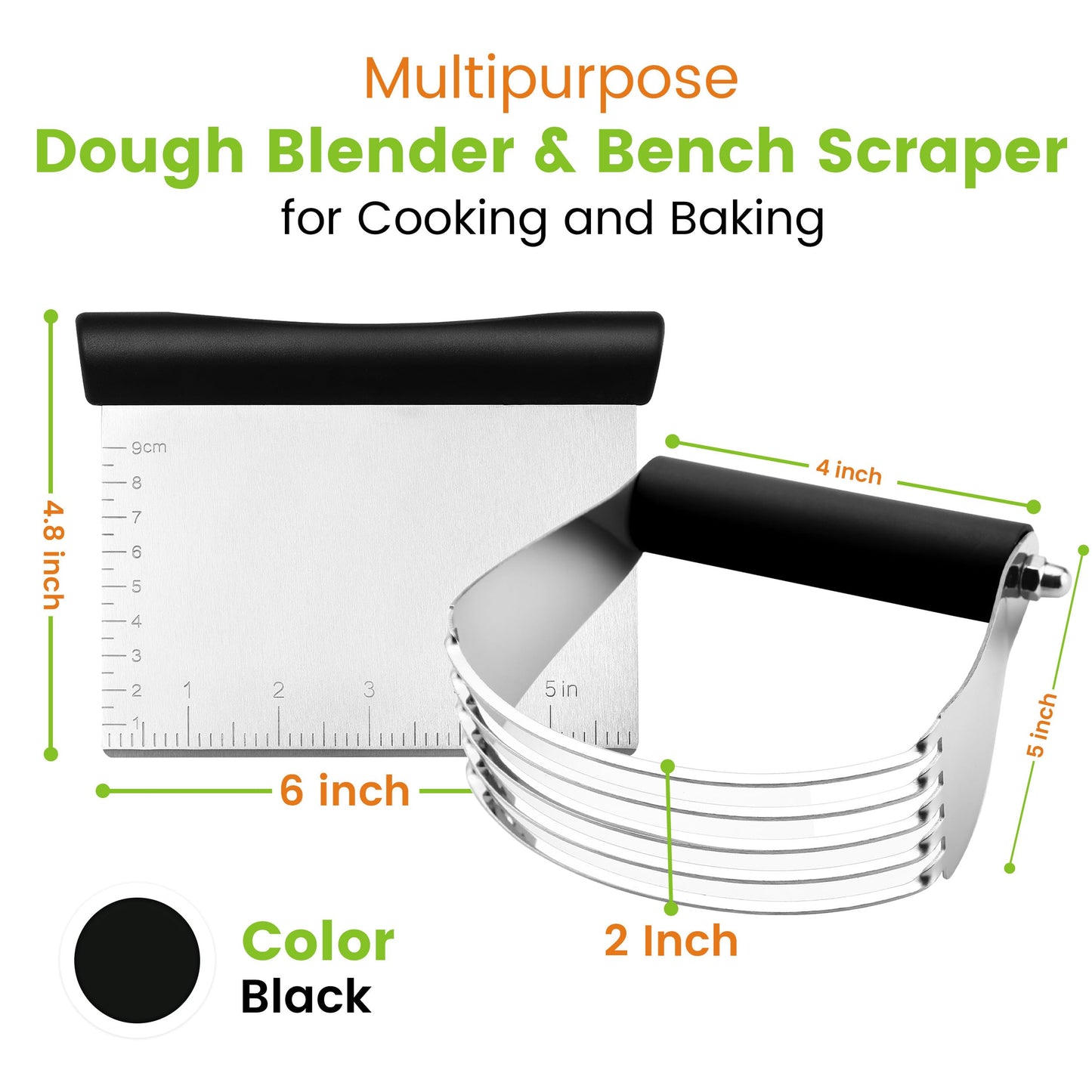 Spring Chef Dough Blender & Pastry Cutter Tool, Stainless Steel Pastry Blender & Bench Scraper for Pizza, Nut, Pie - Multipurpose Dough Cutter & Scraper Tool for Baking with Soft Grip Handles - Black