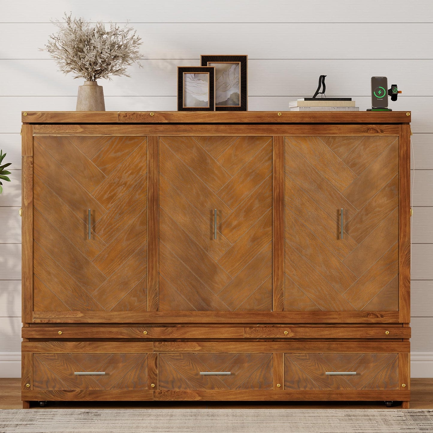 KEIKI Queen Murphy Bed Cabinet with Charging Station & Geometrical Panel, Pine Wood Hideaway Bed Frame with Large 3-Compartment Drawer, 2-in-1 Space-Saving Convertible for Guest Bedroom Studio Walnut