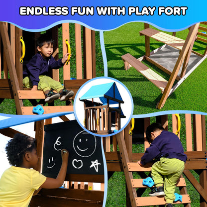 Sportspower Rosemont Cedar Wooden Swing Set with 8' Slide, 2 Adjustable Swings, Trapeze, Play Fort with Rock Climber, Sandbox, Picnic Table, Chalk Tarp & Anchor Kit, Outdoor Playset for Kids Ages 3–8