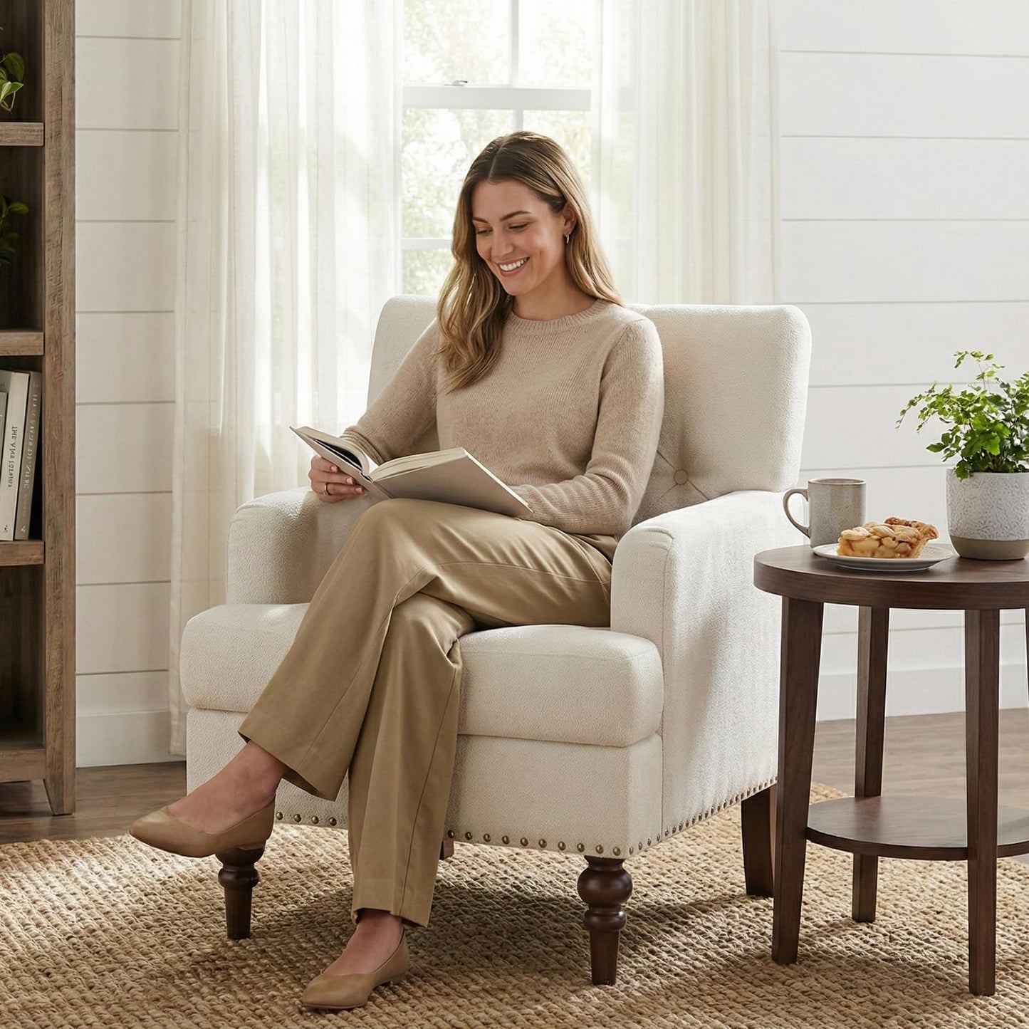 MALOL Upholstered Accent Chair with Thick Cushion, High Back Reading Chair, Linen Blend Armchair with Solid Rubberwood Legs for Living Room, Bedroom, Reading, Apartment & Small Spaces,Beige,Set of 2