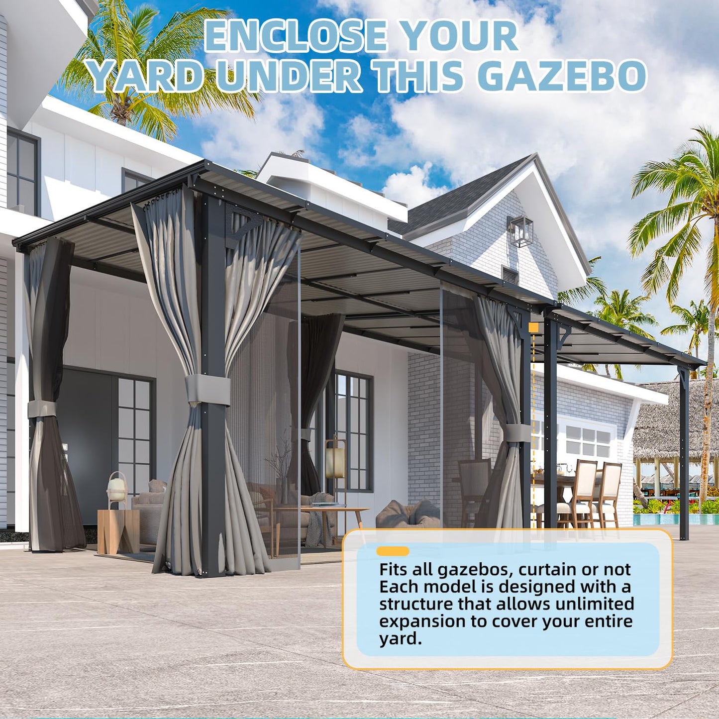 AECOJOY 10’ x 10’ Gazebo, Wall Mounted Gazebos Pergola with Curtains and Mosquito Netting, Enhanced Protective Outdoor Patio Lean to Gazebo Awnings for Deck, Porch, Backyard and Outside