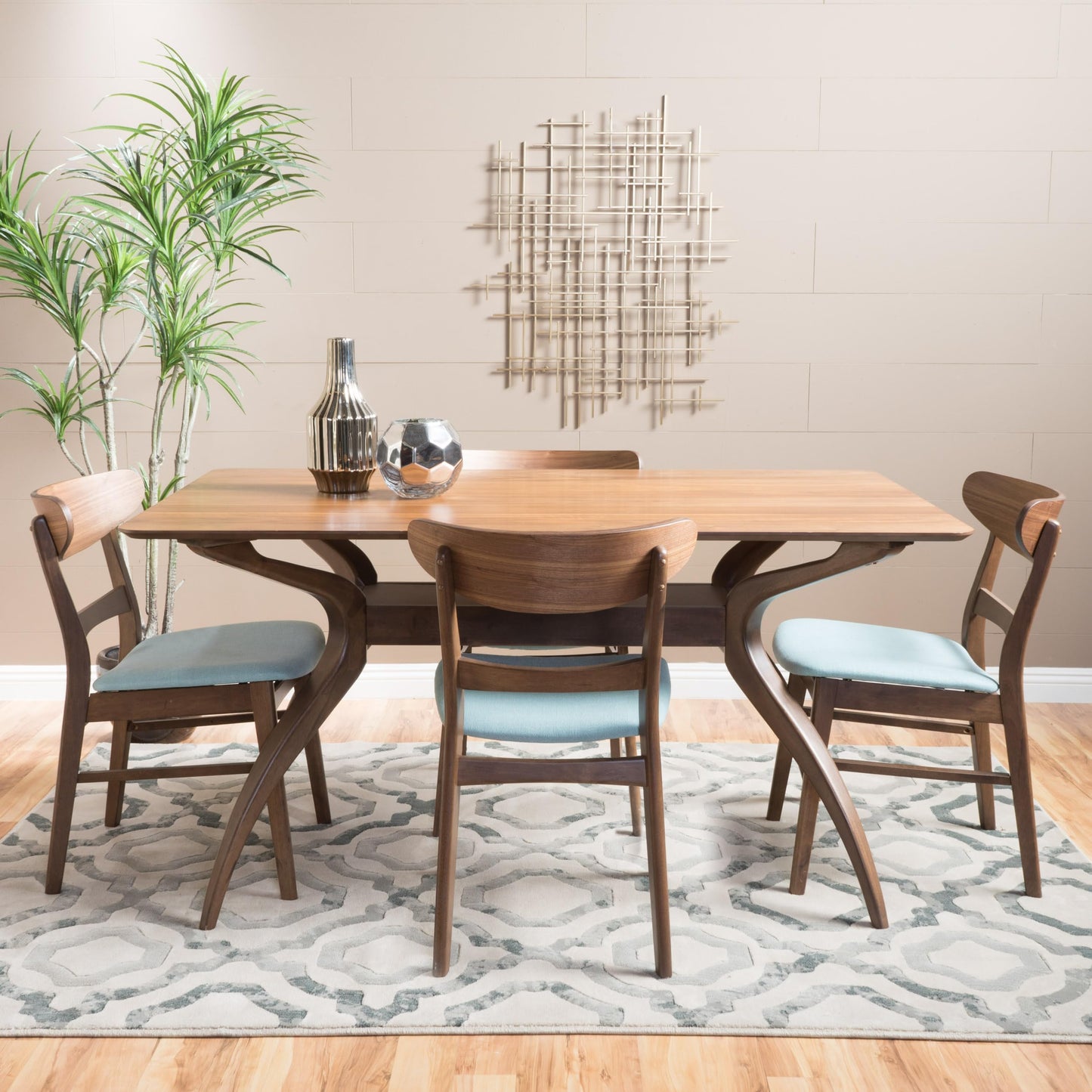 Christopher Knight Home Idalia Curved Leg Rectangular Dining Set, 5-Pcs Set, Natural Walnut / Mint